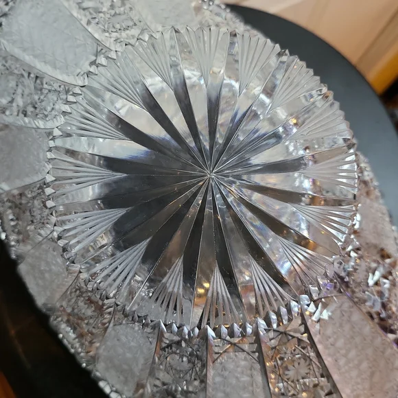 Beautiful Antique Wheel Cut Glass Ornate Oval Crystal Bowl 12.5" - Picture 10 of 10